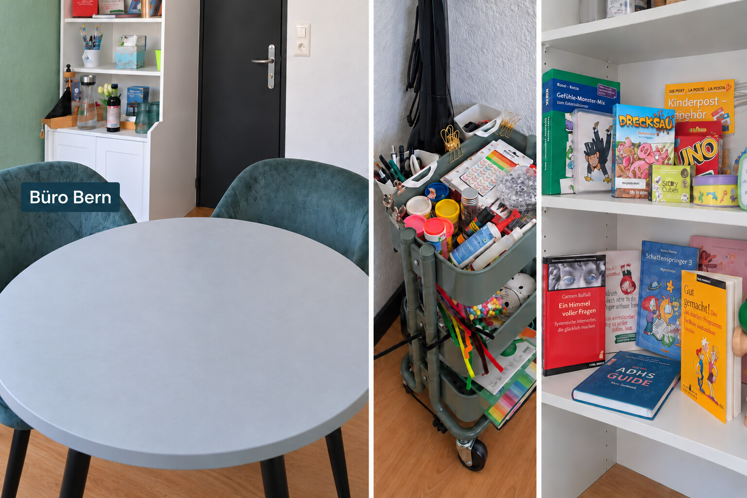Collage des Büros Bern mit Gesprächstisch, grünen Stühlen, Materialwagen und Bücherregal, beschriftet mit «Büro Bern»