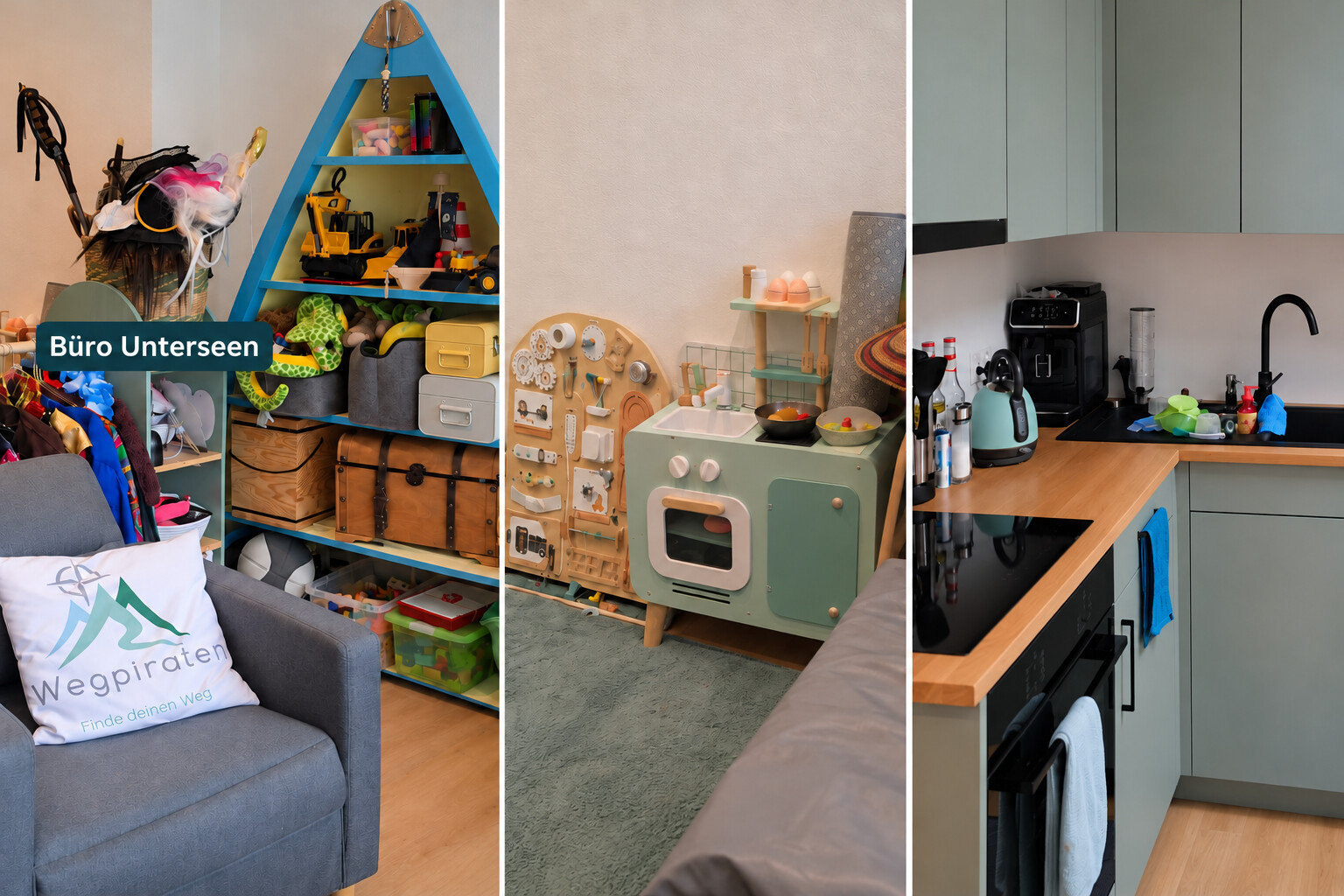 Collage des Büros Unterseen mit Sesseln, blauem Bootsregal, Spielecke und Küche, beschriftet mit «Büro Unterseen»